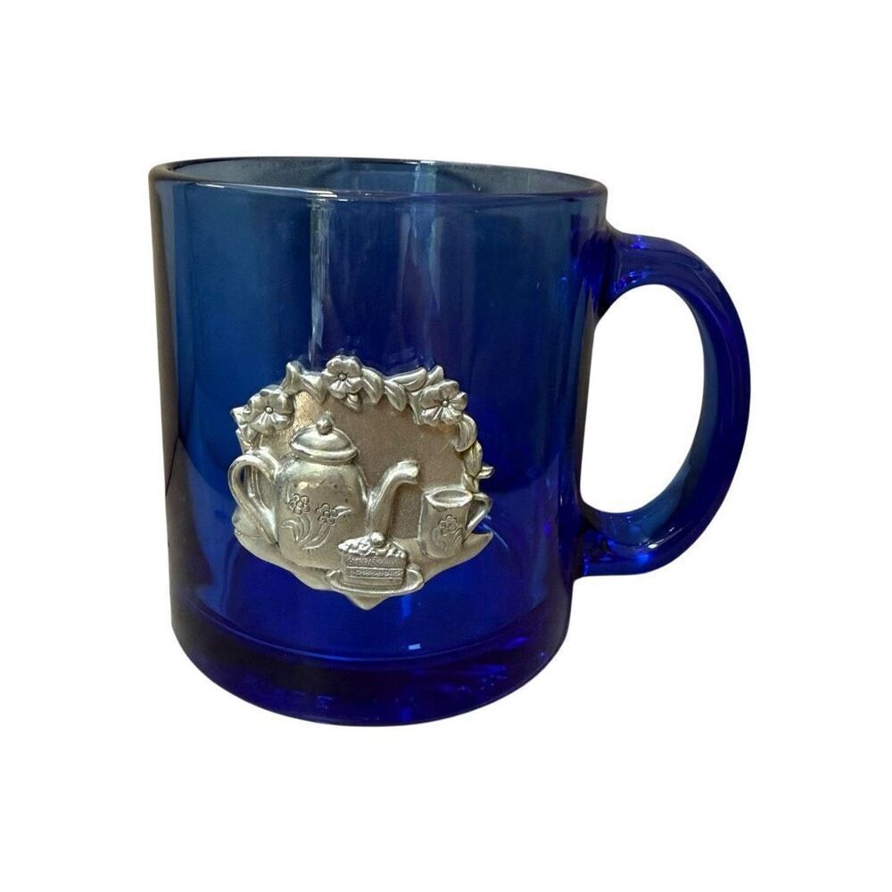 Vintage Cobalt Blue glass Pewter Flower Watering Pot Coffee Tea Hot Drink Mug